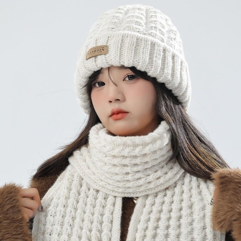 2Pcs Windproof Neck Guard Hat Set Thicken Warm Scarf Fashion Knitted Hat Scarf Winter Autumn