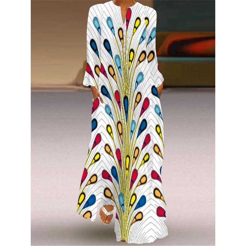 New Chinese Style Chinese Style Skirt Elegant Sexy Long Sleeves 3D Print Long Skirt Loose Plus Size Women's Clothing Long Dress