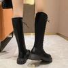 Round Toe Lace-up Leather Platform Women's Long Boots Autumn Winter Fashion  New In Comfortable Ladies Knee High Shaft Shoes