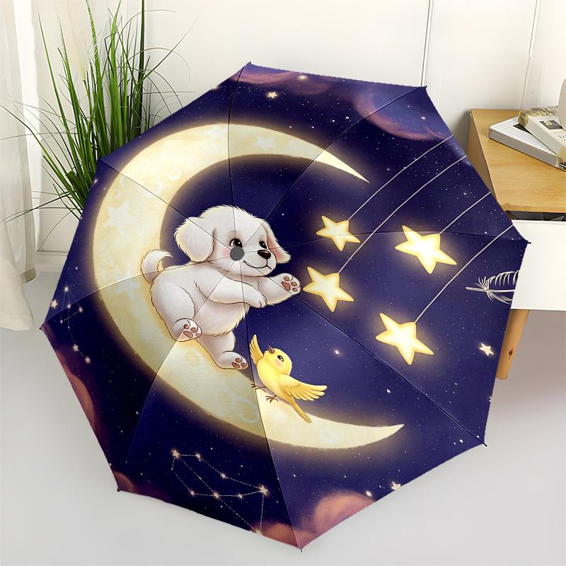 

1pc Moonlit Night with Puppy and Stars Umbrella with Plastic Handle,Compact & Stylish,Cartoon Pattern,Outdoor UmbrellaPT303