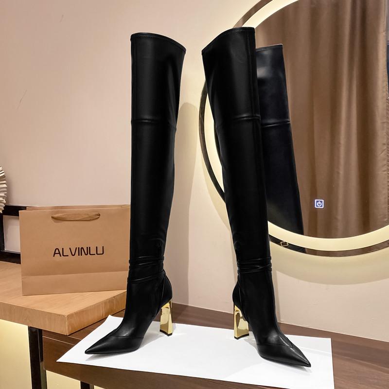Autumn Winter Soft Leather Stretch Women Thigh High Boots Elegant Pointed Toe High Heels Over the Knee Boots Party Shoes