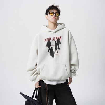 Hiphop Hooded Sweatshirt Men's Autumn Printed Velvet Hoodie Loose Lazy Couple Coat