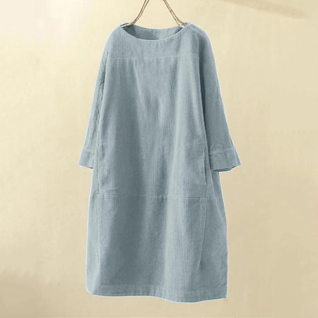 Women's Fashionable Plus Size Round Neck Long Sleeved Solid Color Corduroy Retro Loose Dress