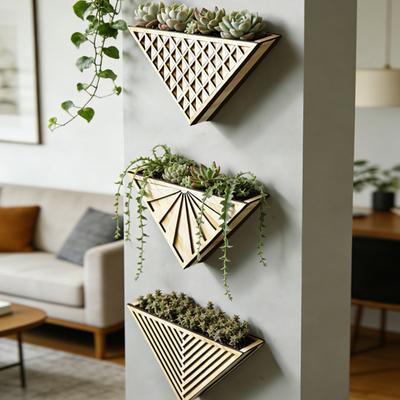 Træ plantekasse til indendørs planter Vægmonteret Boho Hængende plantekasse Lille trekantet blomsterpotte til stue Soveværelse Køkken Kontor Hjem