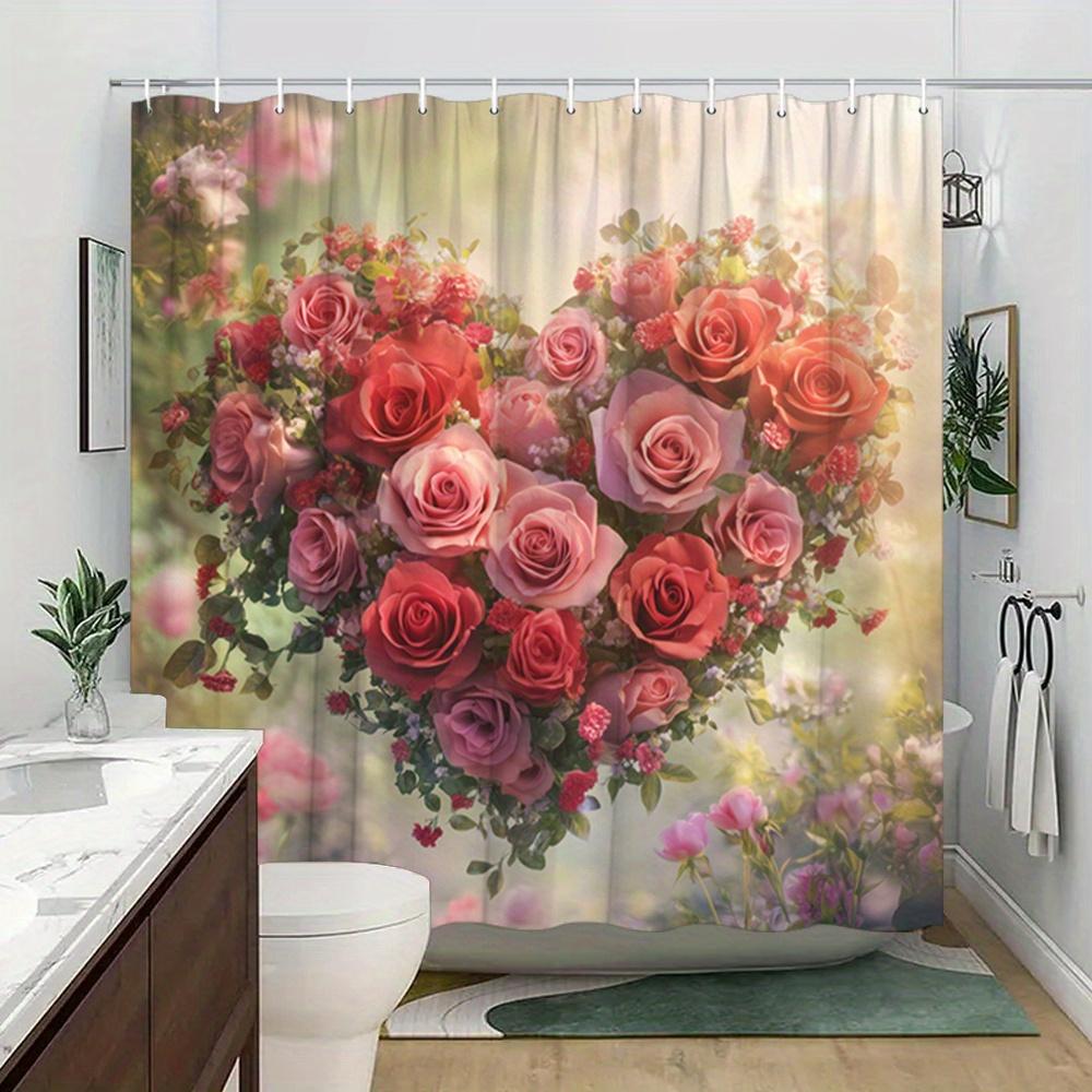 Romantic Heart-Shaped Roses Print Waterproof Shower Curtain For Bathroom, Soft Floral Design High-End Toilet Partition Curtain