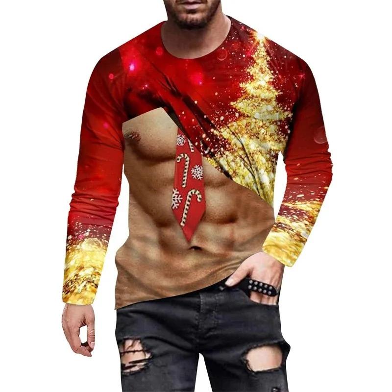 Men Christmas Muscle Men Fun T-Shirt Fashion 3d Printed Round Neck Long Sleeve Street Personality Breathable Plus Size Pullover
