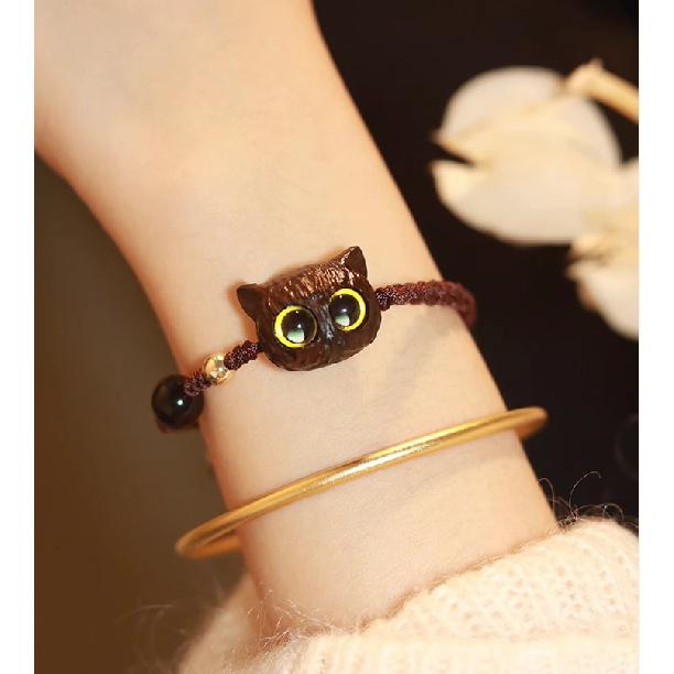 

Caramel Black Cat Charcoal Burnt Cat Paw Bracelet, Natural White Jade Bodhi Root Bead Bracelet, Burnt Color, Soft and Flexible, Gift A caramel black cat
