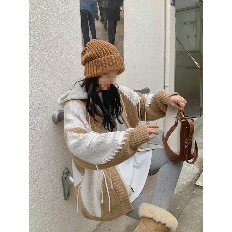 Худи женский осенне-зимний утолщенный вязаный жакет свободного ленивого ветра с лоскутной отделкой под двойку свитер кардиган тренд 2XL 3970₽