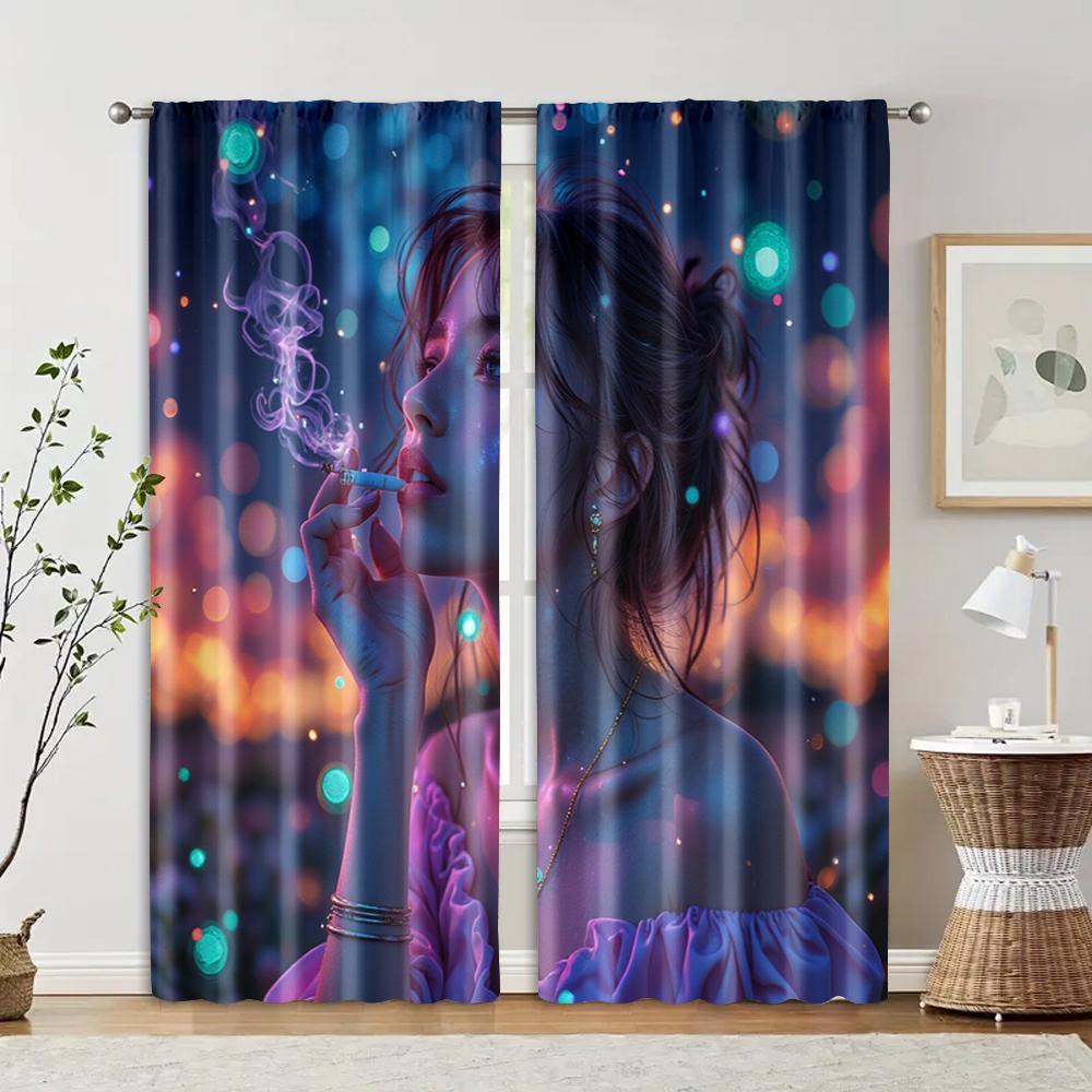 2 pcs, filtering curtains (excluding rods, non-movable, without batteries) Anime Girl for use in bedrooms and living rooms
