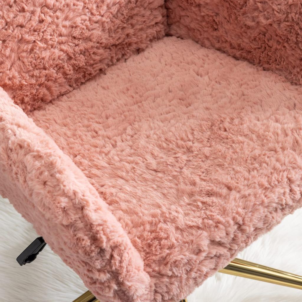 Flauschiger Kunst-Kaninchenfell-Schminktischstuhl, Rosa Höhenverstellbar 360 Grad Drehbar Home-Office-Stuhl mit Armlehne, Goldene Metall-Rollbasis,DE1831PK