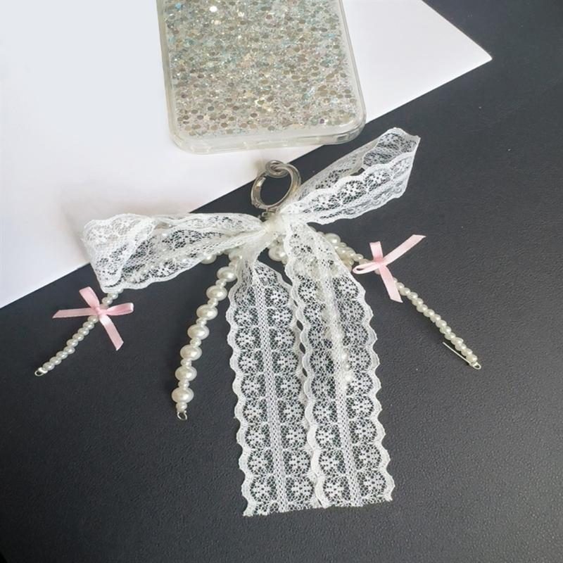 Stylish Phone Ornament With Fabric PVC Design Secure Clip For Key Bags Decoration Beads Lace Bowknot Keychain Pendant