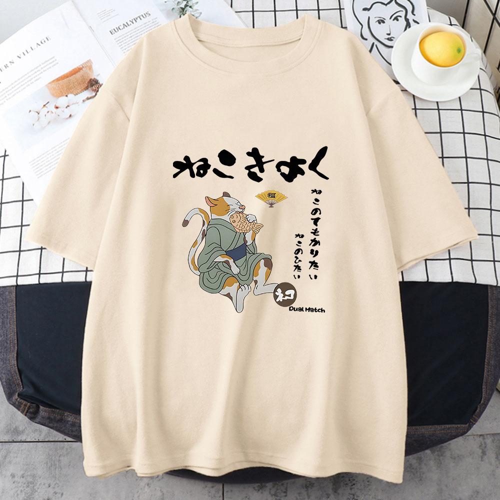 Japanese Kanji Cat Tshirt for Women Fashion Print Animals Summer Short Sleeve Female Kawaii T Shirt Cute Young Girl Clothes Y2k