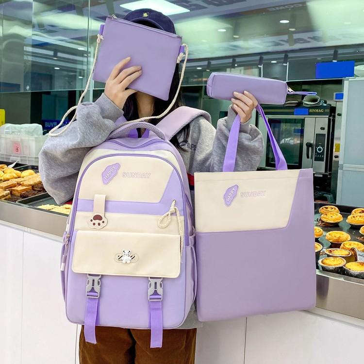 Junior high school backpack women's large-capacity four-piece set middle school student backpack high-value college student schoolbag
