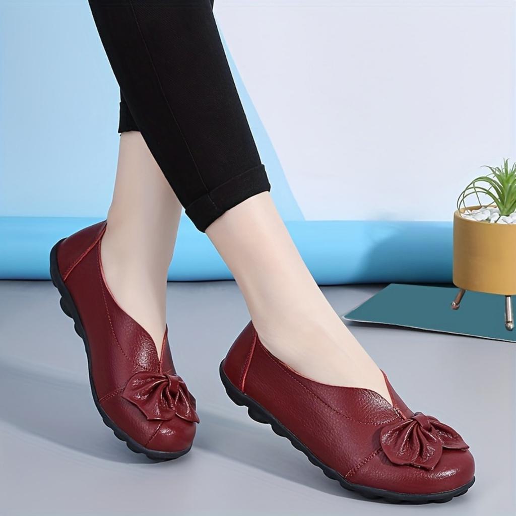 Damen Schleifen-Loafer - Bequeme einfarbige flache Schuhe (grün, Rot, Beige, Schwarz, Braun), Leichte Freizeitschuhe, nur Handwäsche