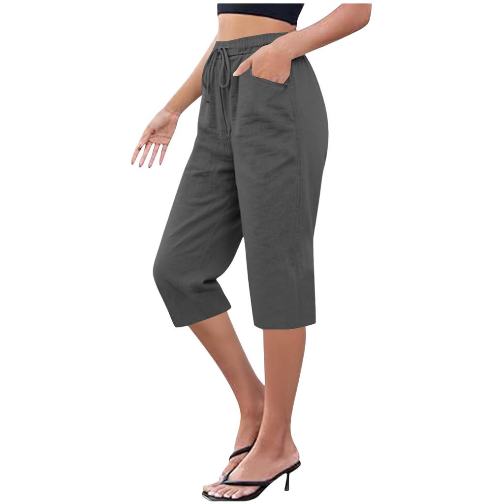 Women's Cotton And Linen Pocket Elastic Casual Pants Five Quarter Pants