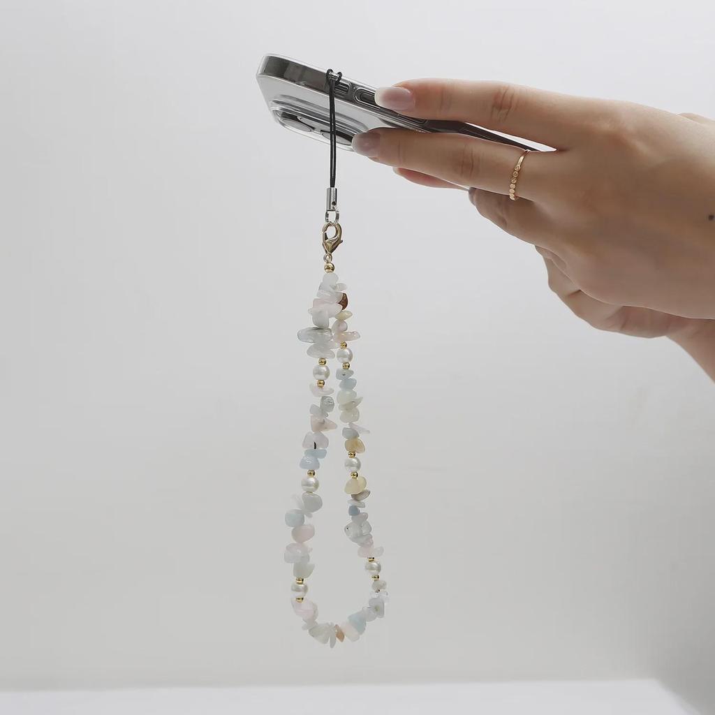 Pearl & Natural Gravel Beaded Agate Stone Phone Lanyard