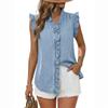 Camicetta Estiva Casual da Donna Senza Maniche in Denim con Volant, Bottoni, Scollo a V, Top Leggero e Traspirante per l'Uso Quotidiano