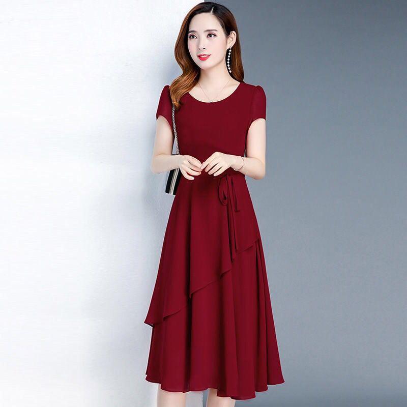 Women's Summer A‑Line Dress Short Sleeve Solid Color Midi Dress With Tie Waist Korean Slim Casual Dress