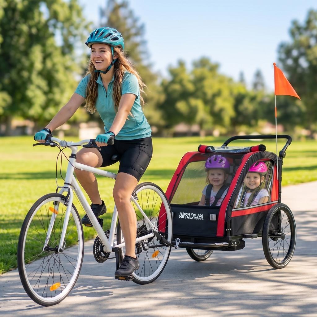Child Bike Trailer, 2-in-1, 2-Seater Stroller, Adjustable Handlebars, Handbrake, Safety Belt, Red