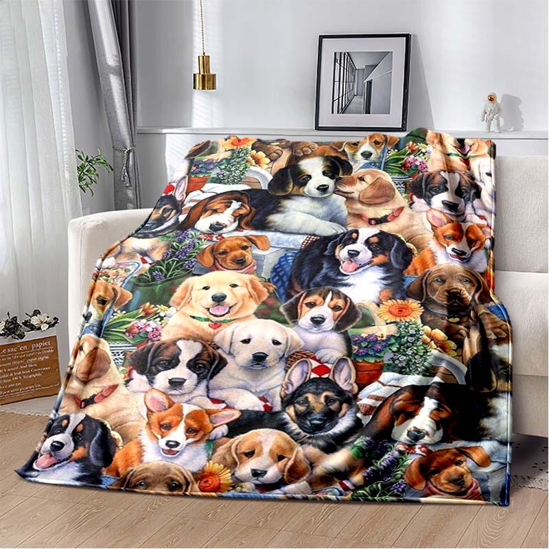 All Breeds Dogs Flannel Blanket, Soft Warm Throw with Multi Dog Faces Print for Bed Sofa, Cozy Bedding for Dog Lovers