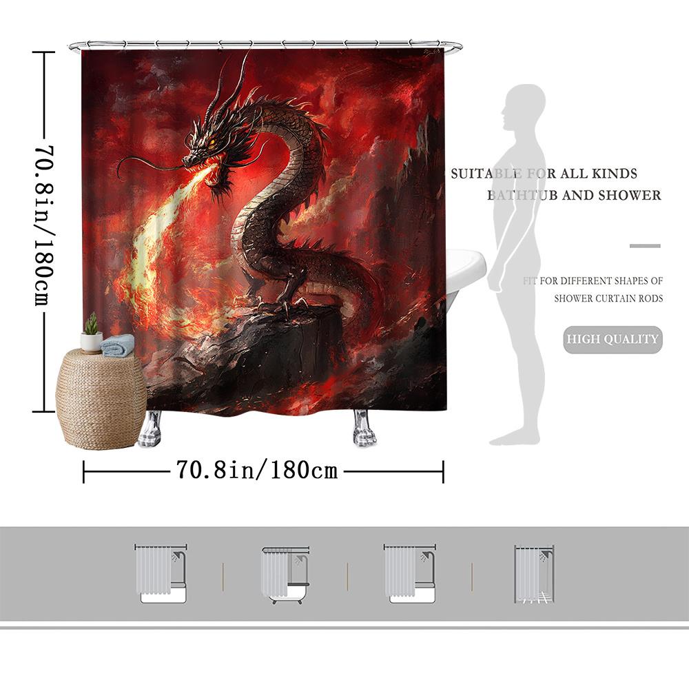Fire Dragon Shower Curtain – Mythical Red & Black Dragon Breathing Flames On Dark Background, Waterproof Polyester, 72X72Inch