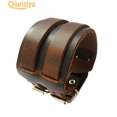 Men 2 Layer Punk Wide Belt Faux Leather Bracelet Wristband Cuff Bangle Gift