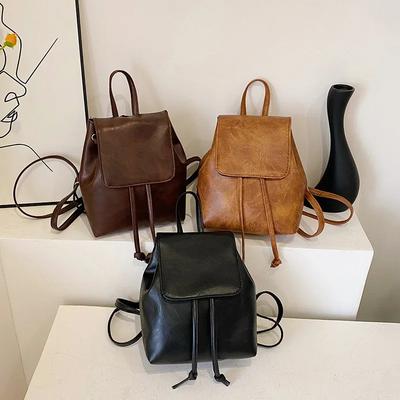 Malá dámská taška se šňůrkou a klopou, mini školní batoh z PU kůže s texturou, módní cestovní taška pro dívky