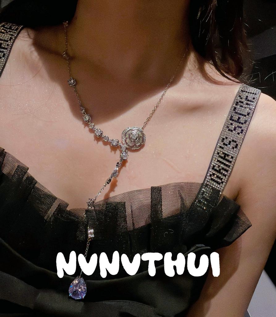 Sparkling Rose Water Drop Gemstone Necklace, Designer Spinel Zircon Rose Ring Bracelet Plated 18K Gold