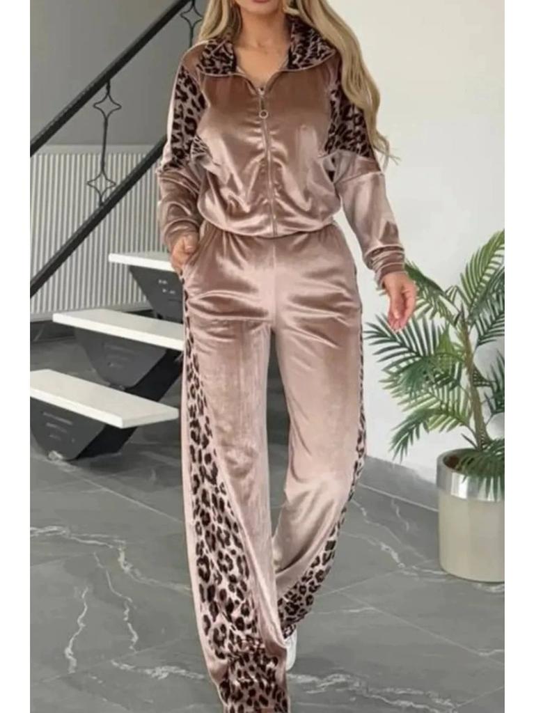 New Fall Leopard-Print Color-Blocked Long-Sleeve Pajama Set