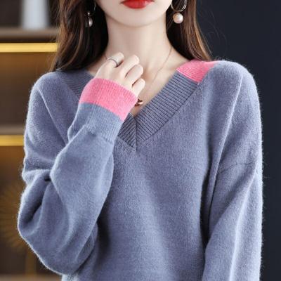 Color Contrast Pullover Sweater Female Korean V-neck Long Sleeve Loose O Neck Pacthwork Casual Sweater Pullover Women Clothing