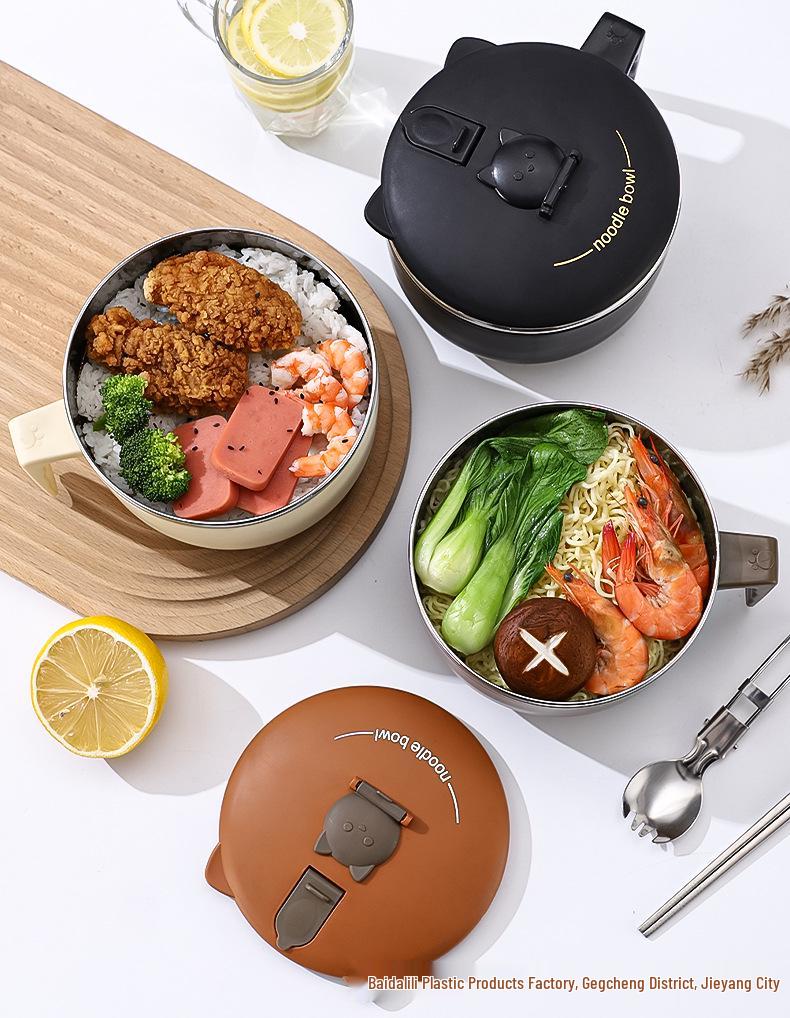 Large Capacity Japanese Style 304 Stainless Steel Insulated Noodle & Rice Bowl with Drain for Students & Office Workers