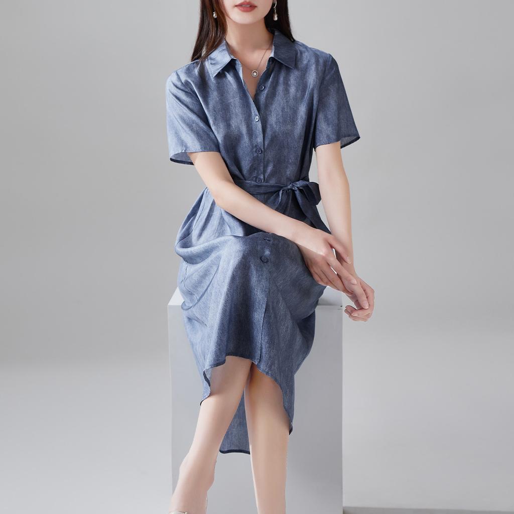100% Mulberry Silk Printed Lace Up Shirt Dress, 2026 Summer Slimming Mid Length Silk Dress