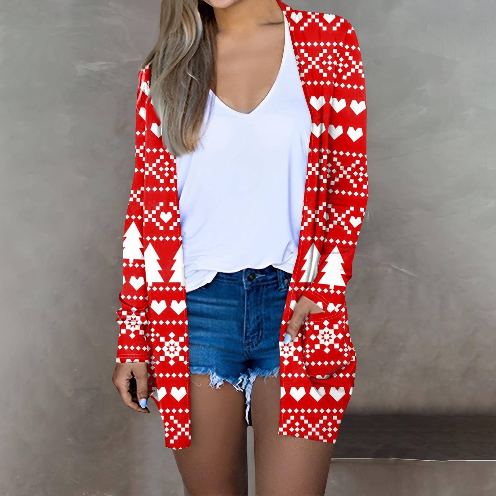 

Женская мода, повседневный рождественский принт, кардиган средней длины, куртка, пальто XXXL красный