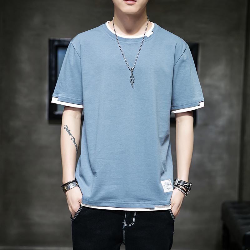 

Мужская однотонная футболка с коротким рукавом и круглым вырезом для молодежи, 2025 M