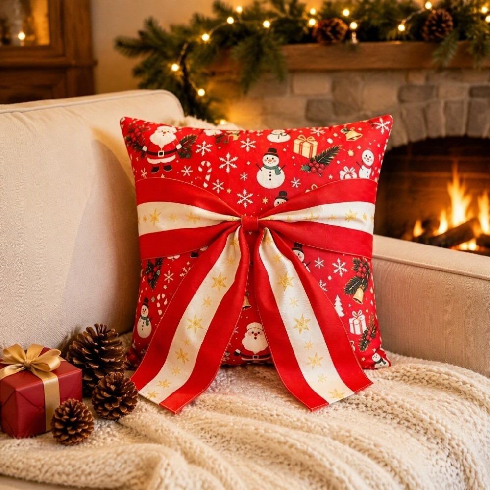 Bow Design Christmas Pillow Cover Snowflake Xmas Tree Pillowslip Sofa Pillow Cover  Holiday Cushion
