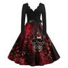Abito Casual da Donna con Scollo a V e Maniche Lunghe con Stampa Vintage per Outfit da Festa Retro di Halloween