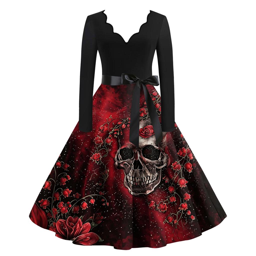 Abito Casual da Donna con Scollo a V e Maniche Lunghe con Stampa Vintage per Outfit da Festa Retro di Halloween