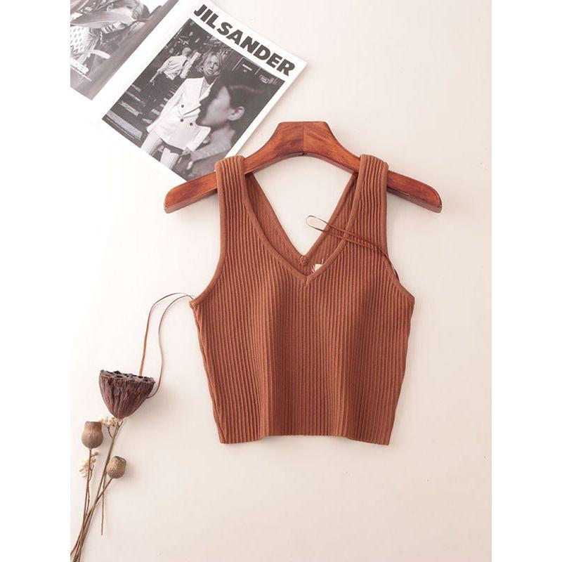 American Fashion Brand Double V Neck Rib Camisole Summer Sleeveless Fashion Fashion Solid Color Outerwear Knitting Tops