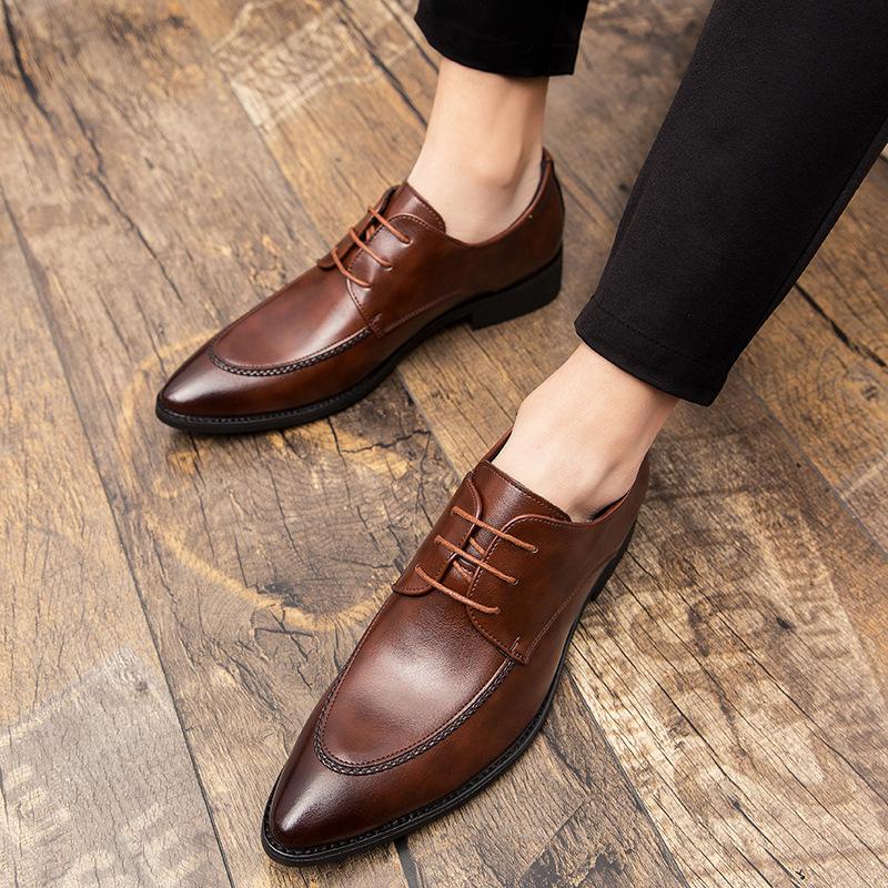 Men's business dress leather shoes fashion 48 large size men's lace-up leather shoes trend British style pointed leather shoes
