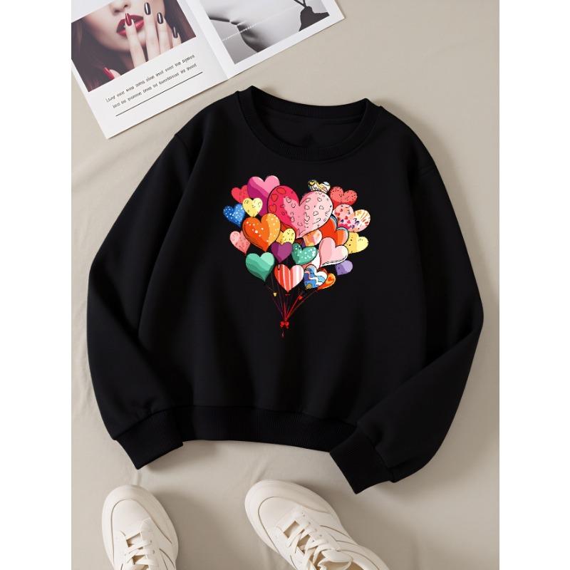 European Sizes Heart Balloons Colorful Pattern Love Design Girls' Crew Neck Sweatshirt, Western Top, Long Sleeved, Casual for Little Girls.