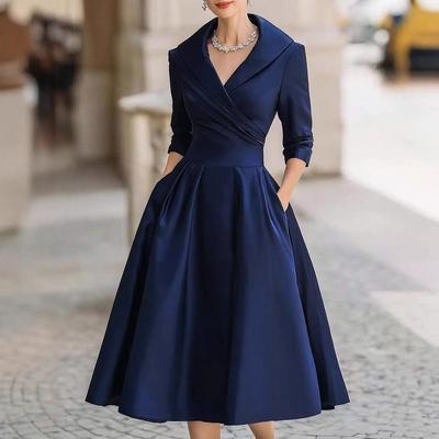 Deep Blue V-Neck Lapel Collar A-Line Midi Dress with Pockets