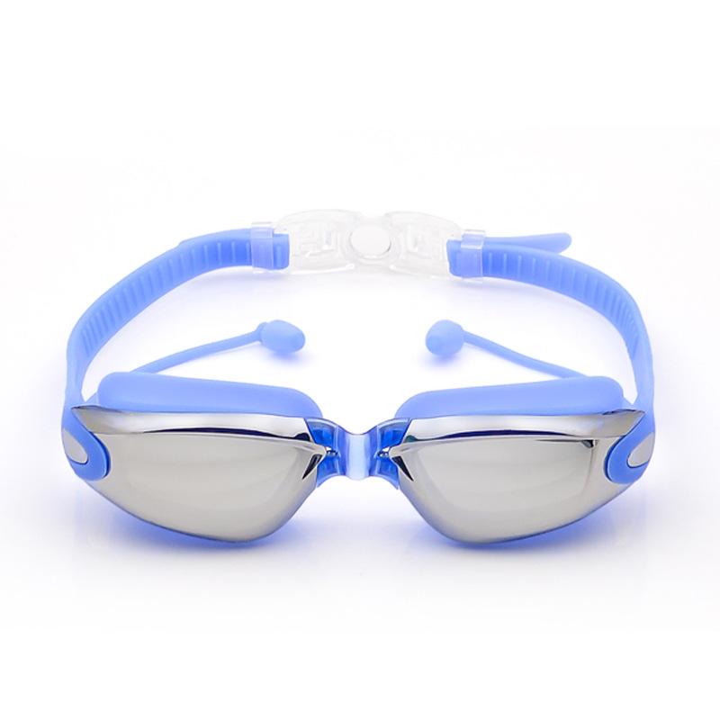 Adult wide-view swimming goggles, high-definition, waterproof, anti-fog, electroplated silicone swim goggles with integrated earplugs