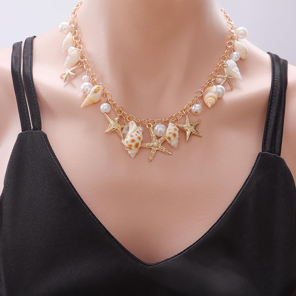 Bohemian Summer Beach Shell Collarbone Chain Niche Seaside Travel Imitation Starfish Conch Pendant Necklace