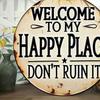 Funny Garden Wooden Sign Vintage This Is My Happy Place Welcome Round Sign Farmhouse Rustic Hanging Wall Decor for Home Bar Patio Man Cave
