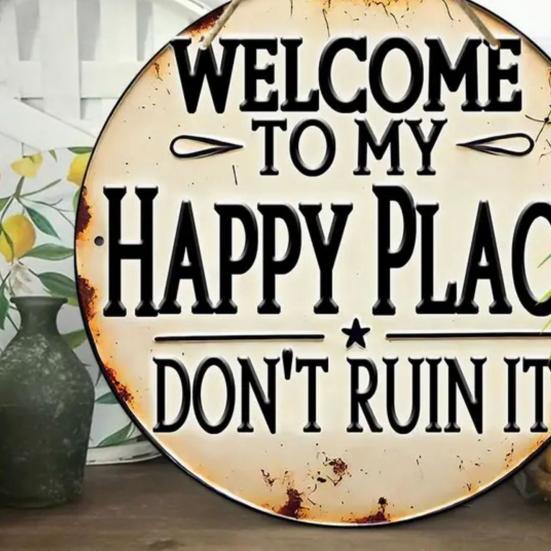 Funny Garden Wooden Sign Vintage This Is My Happy Place Welcome Round Sign Farmhouse Rustic Hanging Wall Decor for Home Bar Patio Man Cave