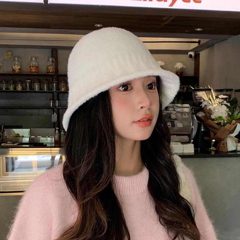 Simple Solid Color Water Bucket Hat For Women Warm Knitted Cap Breathable Gift