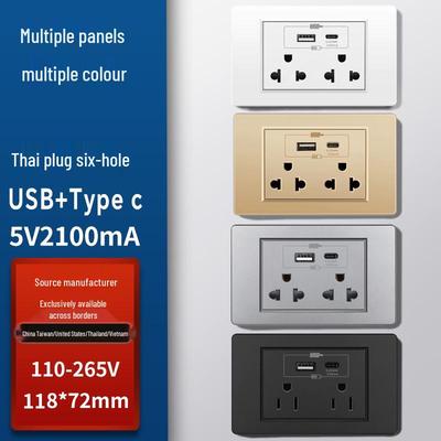 Thai 15A 110V-250V Six-Hole Socket Panel with USB Type-C Charging and Switch