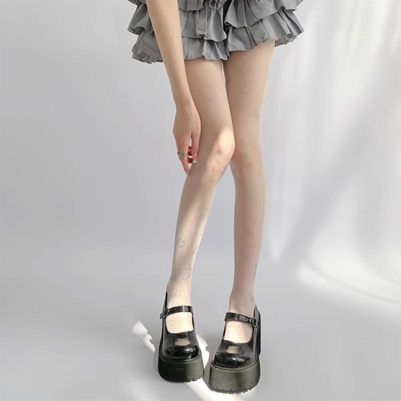 Women Sweet Ultra-Thin Sheer Pantyhose Stockings Japanese Style Glittering Rhinestones Heart See-Through Tights Leggings
