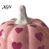 Valentine Day Home Decor Pink Ceramic Pumpkin with Heart Pattern, Artificial Figurine, Seasonal Interior Decorations Fall Tabletop Ornaments