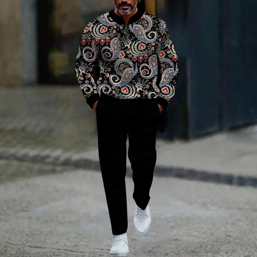 Spring Autumn 3D Printed Fashion Men's Long-Sleeved Sets Half-Zipper Stand-Up Collar Men's Casual Sportswear Two-Piece set